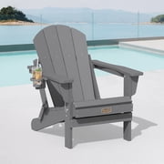 SERWALL Folding Adirondack Chair with Cup Holder, Patio Seat, Weather Resistant Adirondack Chair for Outdoor, Lawn, Garden, Backyard Deck, Fire Pit Chairs, Grey