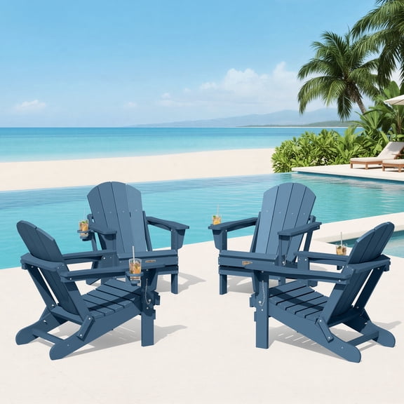 SERWALL Folding Adirondack Chair with Cup Holder Set of 4, Weather Resistant Adirondack Chair for Patio Garden Outdoors Fire Pit - Blue