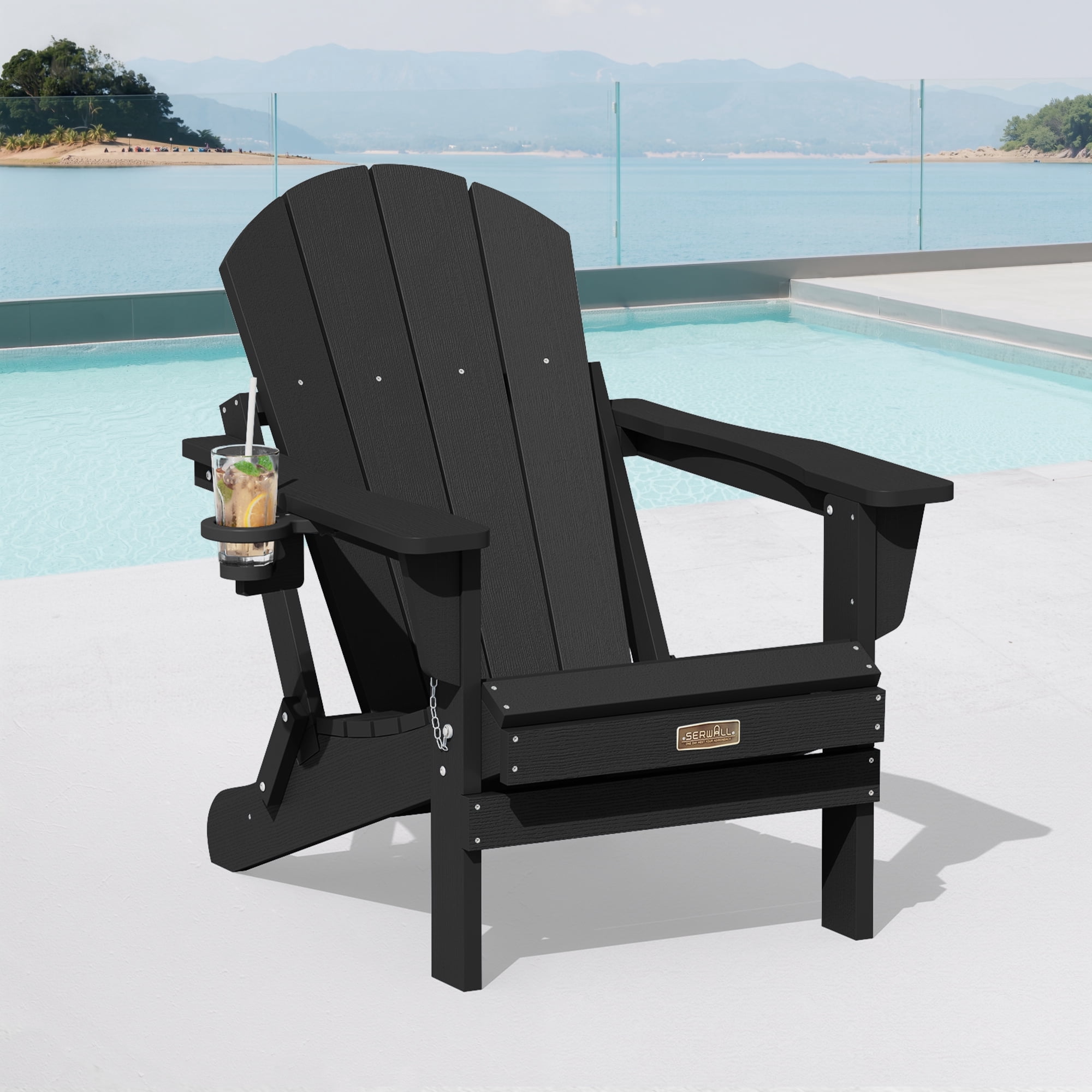 SERWALL Folding Adirondack Chair with Cup Holder, Weather Resistant Adirondack Chair for Patio Garden Outdoors Fire Pit - Black