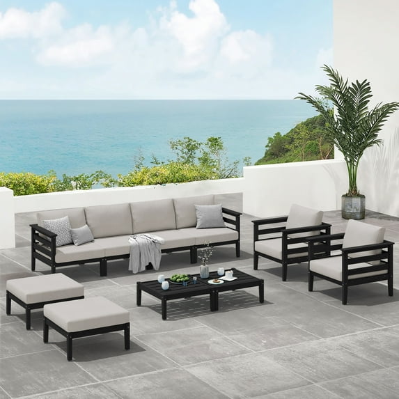 SERWALL HDPE 10-Piece Outdoor Patio Furniture Set, All-Weather Patio Conversation Set, Outdoor Sectional Sofa Couch Set with Coffee Table, Ottomans & Cushions, Black/Khaki