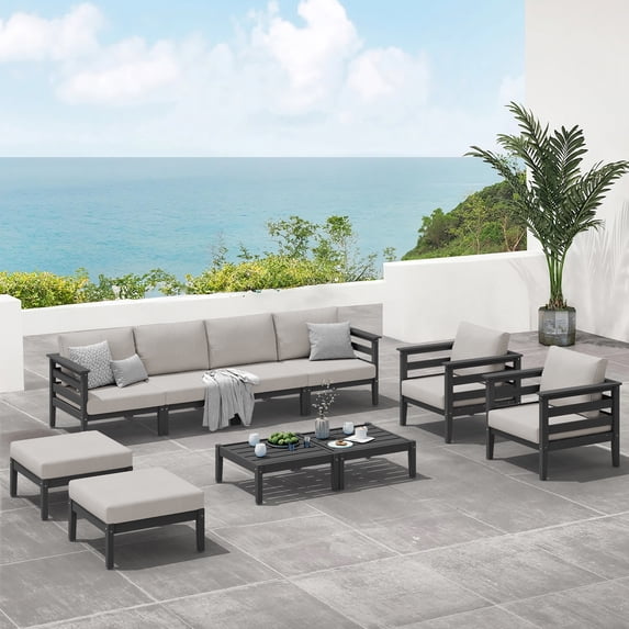 SERWALL HDPE 10-Piece Outdoor Patio Furniture Set, All-Weather Patio Conversation Set, Outdoor Sectional Sofa Couch Set with Coffee Table, Ottomans & Cushions, Grey/Khaki