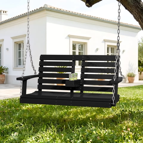 SERWALL HDPE 4-ft Outdoor Porch Swing, Patio Porch Swing with Cup Holders, 660LBS Weight Capacity for Patio, Garden, Black