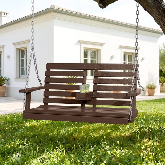 SERWALL HDPE 4-ft Outdoor Porch Swing, Patio Porch Swing with Cup Holders, 660LBS Weight Capacity for Patio, Garden, Brown