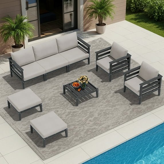SERWALL HDPE 8 Pieces Patio Furniture Set, All-Weather Outdoor Sectional Sofa Couch Set, Patio Conversation Set with Coffee Table, Ottomans & Cushions, Grey/Khaki