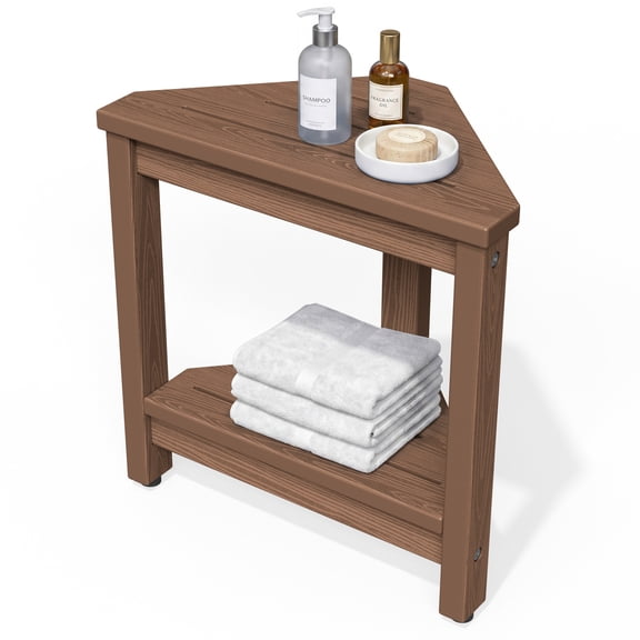 SERWALL HDPE Corner Shower Bench for Inside Shower, Waterproof Shower Stool with Starage Shelf- Brown