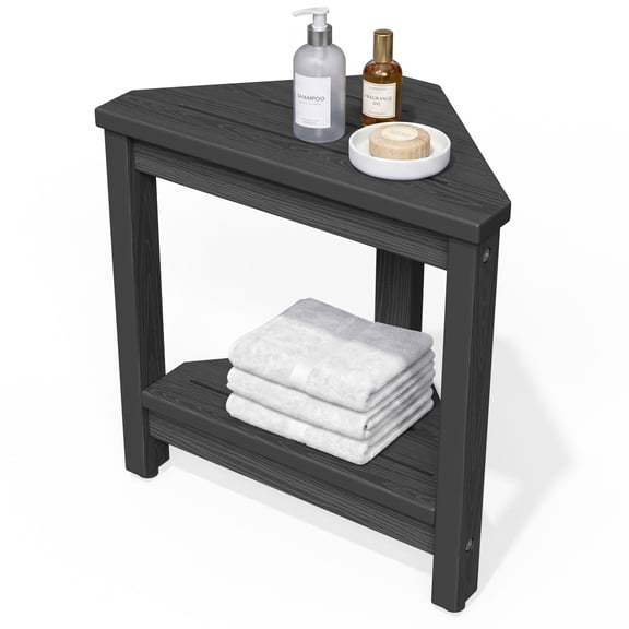 SERWALL HDPE Corner Shower Bench for Inside Shower, Waterproof Shower Stool with Starage Shelf- Gray