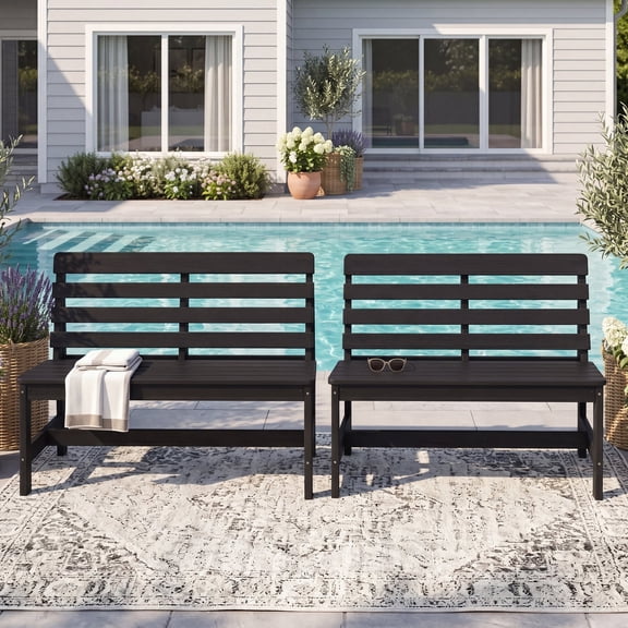 SERWALL HDPE 2-Person Outdoor Bench, All-Weather Patio Bench Armless Outdoor Seating for Porch, Park & Garden, Black, 2 Pack