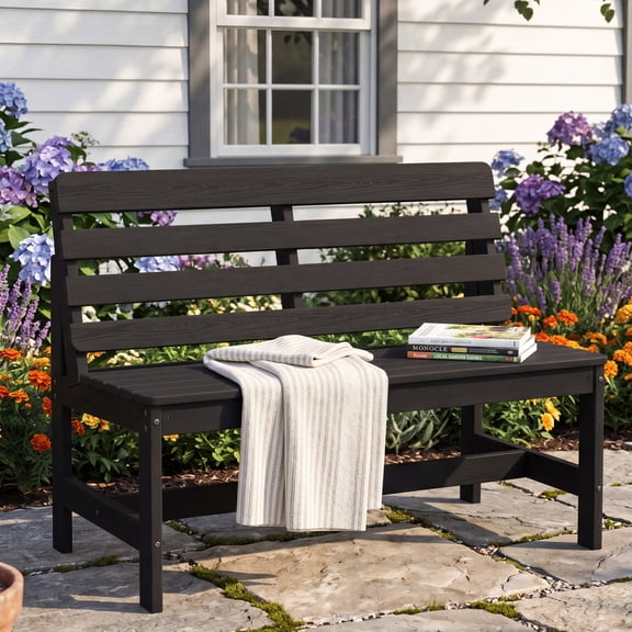 SERWALL HDPE Outdoor Bench, All-Weather Patio Bench for Porch, Park & Garden, Armless 2-Person Outdoor Seating, Black