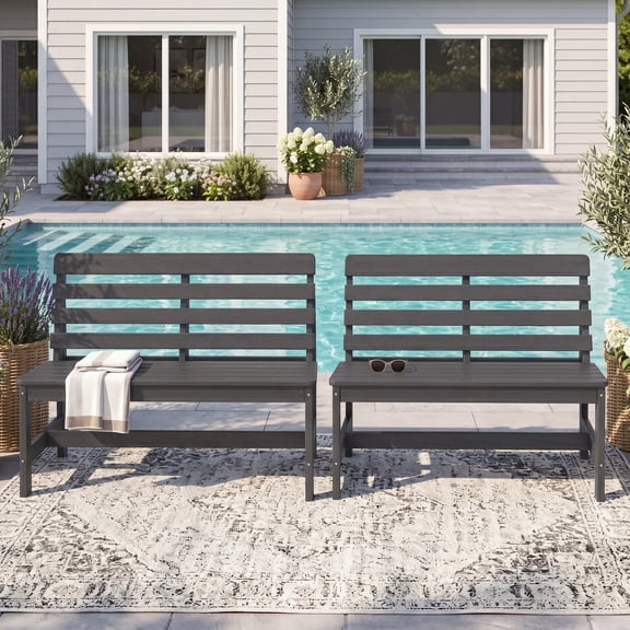 SERWALL HDPE Outdoor Bench, All-Weather Patio Bench for Porch, Park & Garden, Armless 2-Person Outdoor Seating, Gray, 2 Pack