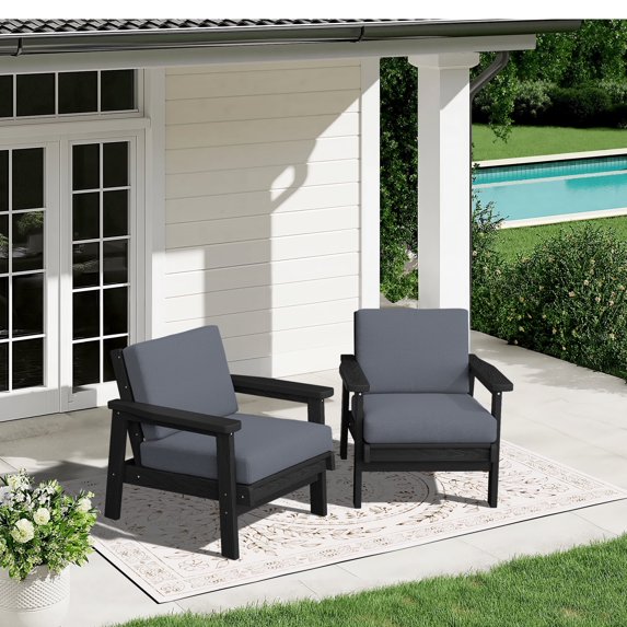 SERWALL 2PCS Outdoor HDPE Patio Couch Sets with Cushions, Weather-Resistant Patio Furniture for Poolside, Patio, Balcony, Porch & Backyard, Black / Grey