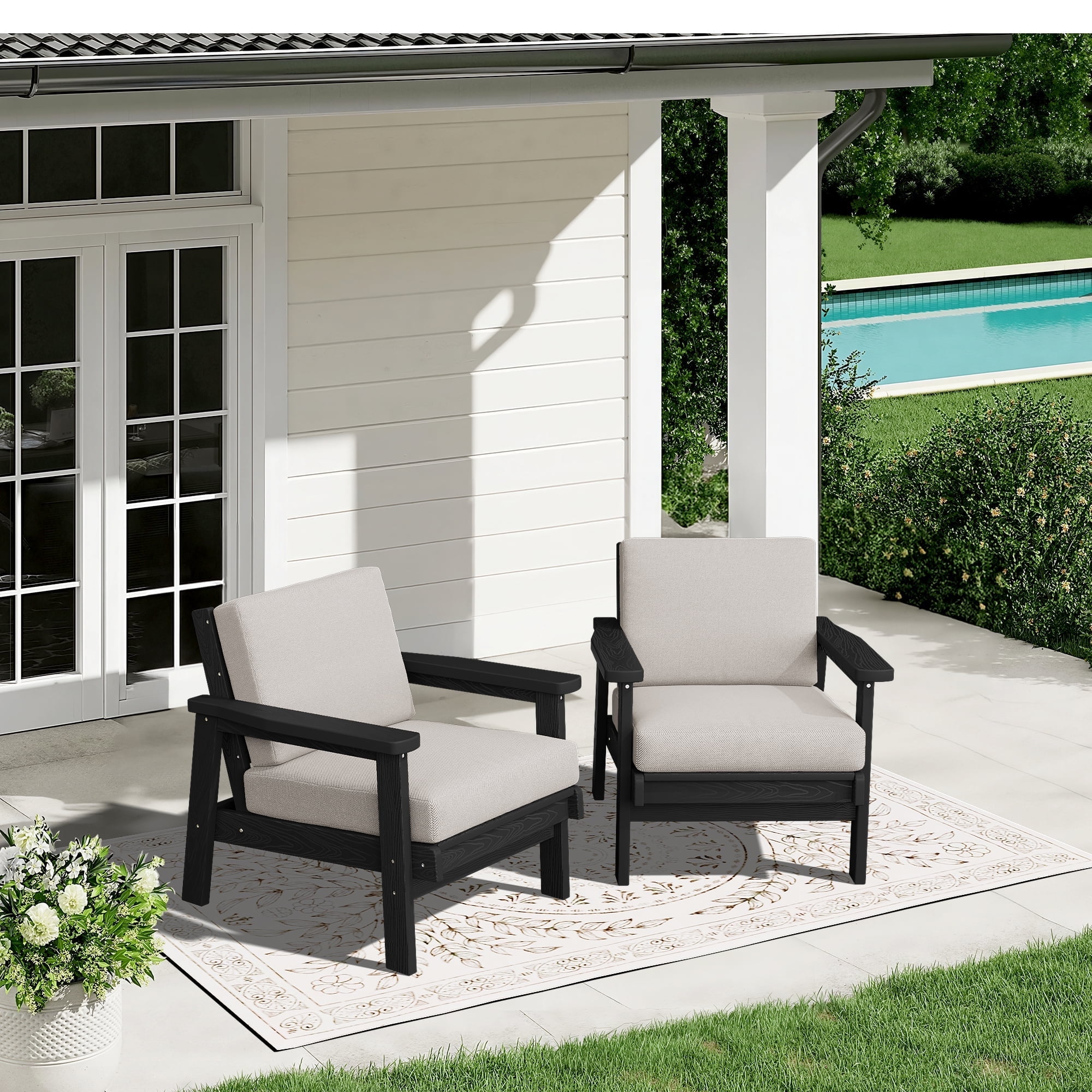 SERWALL 2PCS Outdoor HDPE Patio Couch Sets with Cushions, Weather-Resistant Patio Furniture for Poolside, Patio, Balcony, Porch & Backyard, Black / Khaki