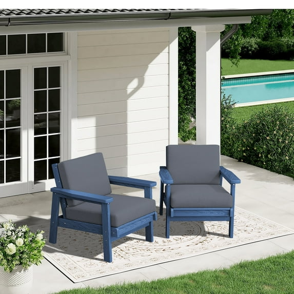 SERWALL 2PCS Outdoor HDPE Patio Couch Sets with Cushions, Weather-Resistant Patio Furniture for Poolside, Patio, Balcony, Porch & Backyard, Blue / Grey