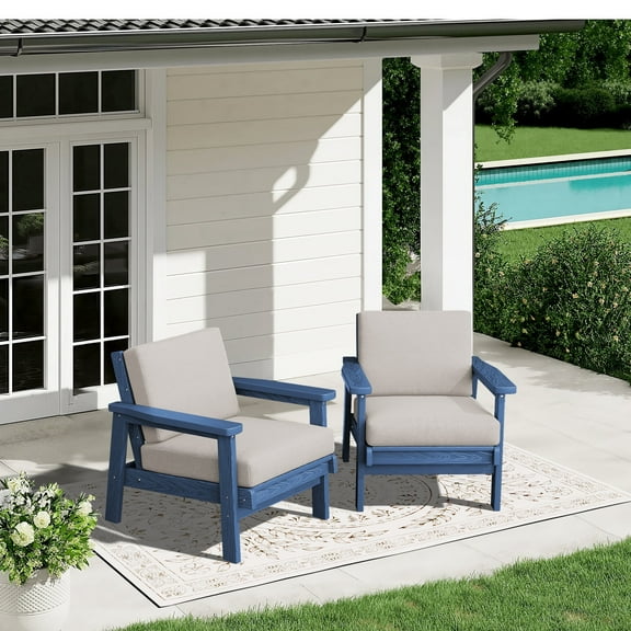 SERWALL 2PCS Outdoor HDPE Patio Couch Sets with Cushions, Weather-Resistant Patio Furniture for Poolside, Patio, Balcony, Porch & Backyard, Blue / Khaki