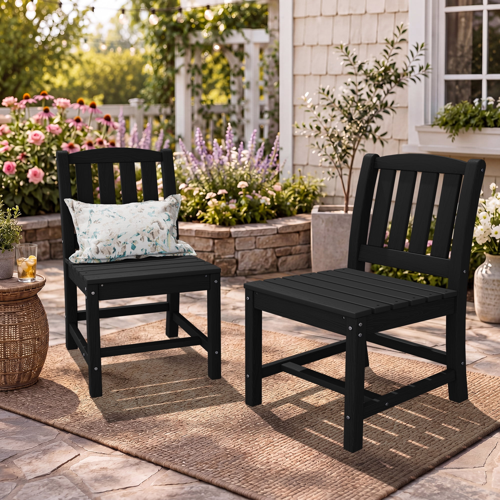 SERWALL HDPE Outdoor Dining Chairs Set of 2, All Weather Patio Chairs for Deck, Lawn or Garden, Black
