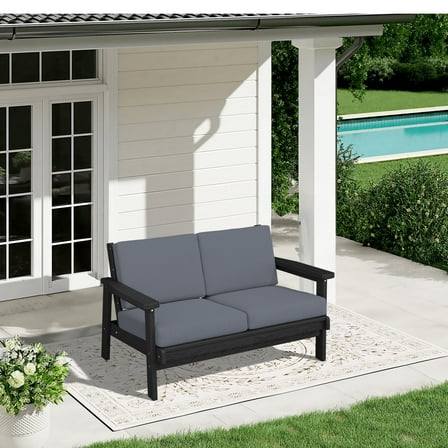 SERWALL Outdoor HDPE Patio Loveseat Sofa with Cushion,Weather-Resistant Patio Furniture for Poolside, Patio, Balcony, Porch & Backyard, Black / Grey