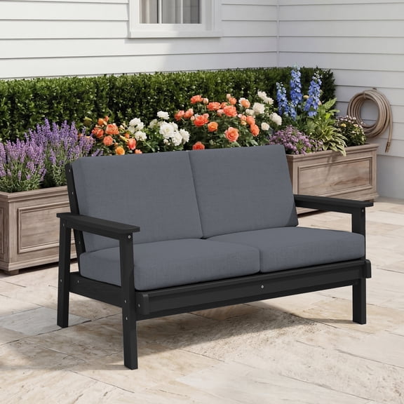SERWALL Outdoor HDPE Patio Loveseat Sofa with Cushion,Weather-Resistant Patio Furniture for Poolside, Patio, Balcony, Porch & Backyard, Black / Grey