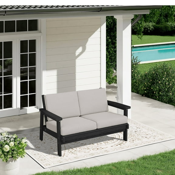 SERWALL Outdoor HDPE Patio Loveseat Sofa with Cushion,Weather-Resistant Patio Furniture for Poolside, Patio, Balcony, Porch & Backyard, Black / Khaki