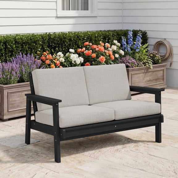 SERWALL Outdoor HDPE Patio Loveseat Sofa with Cushion,Weather-Resistant Patio Furniture for Poolside, Patio, Balcony, Porch & Backyard, Black / Khaki