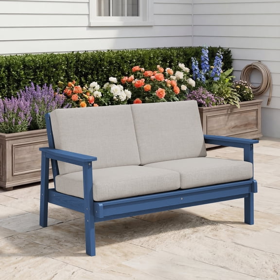 SERWALL Outdoor HDPE Patio Loveseat Sofa with Cushion,Weather-Resistant Patio Furniture for Poolside, Patio, Balcony, Porch & Backyard, Blue / Khaki