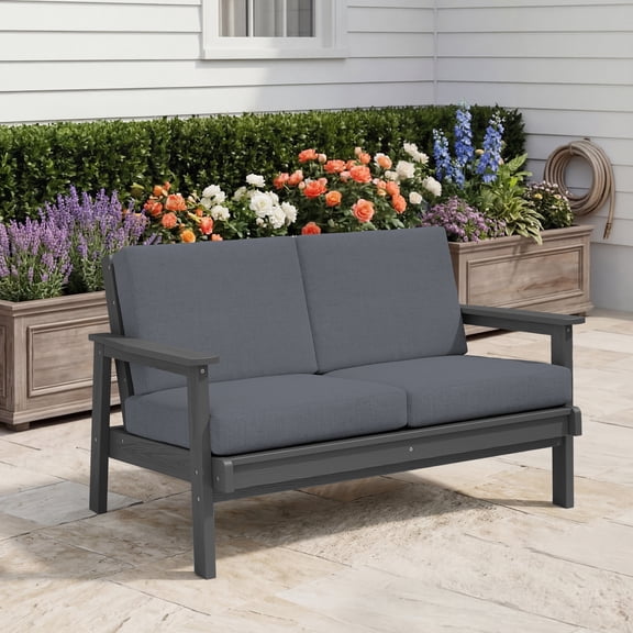 SERWALL Outdoor HDPE Patio Loveseat Sofa with Cushion,Weather-Resistant Patio Furniture for Poolside, Patio, Balcony, Porch & Backyard, Grey / Grey