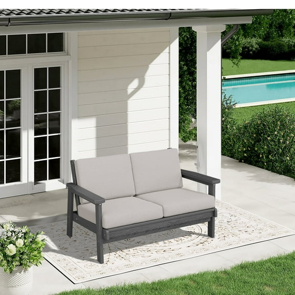 SERWALL Outdoor HDPE Patio Loveseat Sofa with Cushion,Weather-Resistant Patio Furniture for Poolside, Patio, Balcony, Porch & Backyard, Grey / Khaki