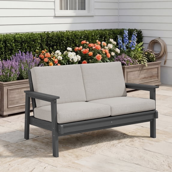 SERWALL Outdoor HDPE Patio Loveseat Sofa with Cushion,Weather-Resistant Patio Furniture for Poolside, Patio, Balcony, Porch & Backyard, Grey / Khaki