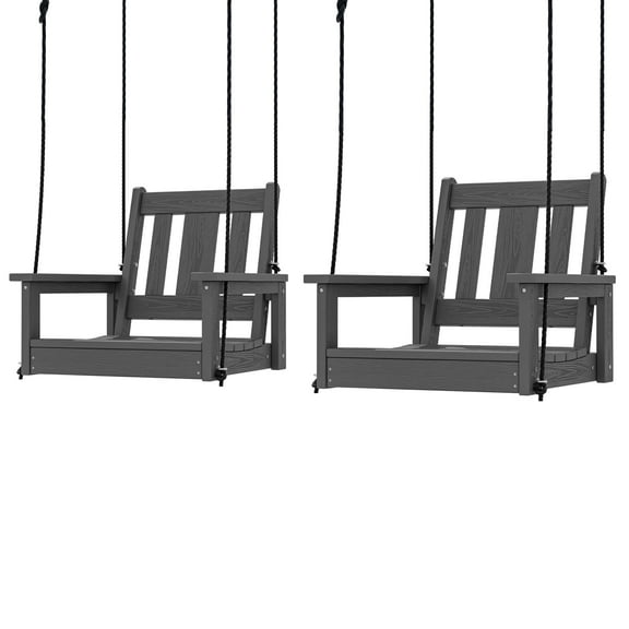 SERWALL HDPE Outdoor Single Porch Swing Set of 2, Single Person Swing Chair with Cup Holders, Adirondack Hanging Chair for Outdoor, Grey