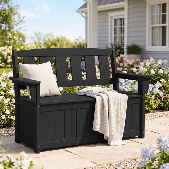 SERWALL HDPE Outdoor Storage Bench, Waterproof Deck Box with Storage Bags, 57 Gallon Weatherproof Patio Outside Seating for Garden, Porch, Pool, Black