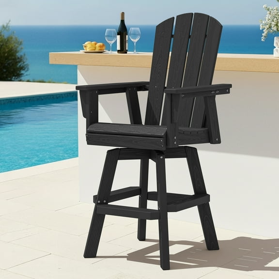 SERWALL HDPE Outdoor Swivel Bar Chair, Bar Height Adirondack Barstools, All Weather Pub Bar Chair, Black