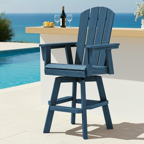SERWALL HDPE Outdoor Swivel Bar Chair, Bar Height Adirondack Barstools, All Weather Pub Bar Chair, Blue