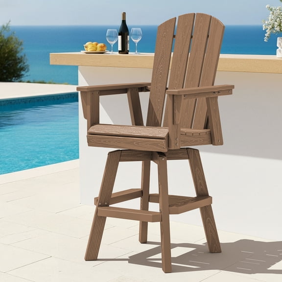 SERWALL HDPE Outdoor Swivel Bar Chair, Bar Height Adirondack Barstools, All Weather Pub Bar Chair, Brown