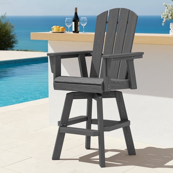 SERWALL HDPE Outdoor Swivel Bar Chair, Bar Height Adirondack Barstools, All Weather Pub Bar Chair, Gray