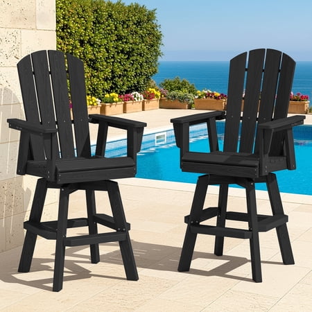 SERWALL HDPE Outdoor Swivel Bar Chairs Set of 2, Bar Height Adirondack Barstools, All Weather Pub Bar Chair, Black