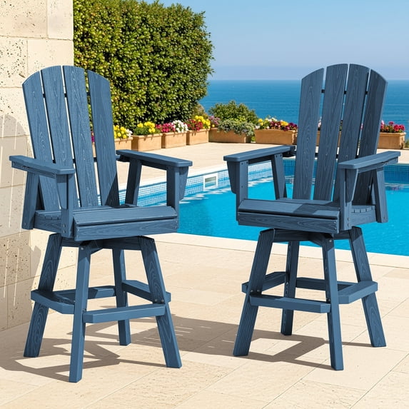 SERWALL HDPE Outdoor Swivel Bar Chairs Set of 2, Bar Height Adirondack Barstools, All Weather Pub Bar Chair, Blue
