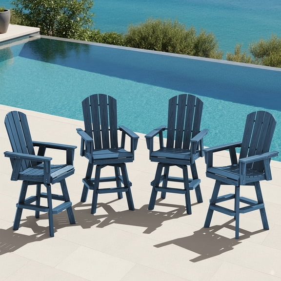 SERWALL HDPE Outdoor Swivel Bar Chairs Set of 4, Bar Height Adirondack Barstools, All Weather Pub Bar Chair, Blue