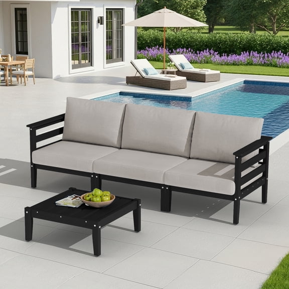 SERWALL HDPE Patio Furniture Set 4 Piece, All-Weather Outdoor Sectional Sofa Couch Set, Patio Conversation Set with Coffee Table & Cushions for Deck, Lawn, Backyard, Poolside, Black/Khaki