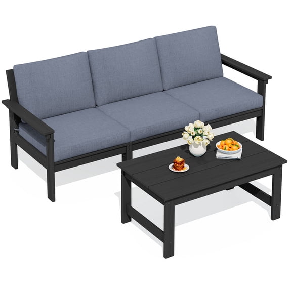 SERWALL HDPE Patio Sofa Set, 3-piece Sectional Outdoor Furniture Set, All Weather Outdoor Couch Set, Black Frame with Grey Cushion