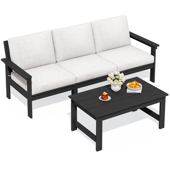 SERWALL HDPE Patio Sofa Set, 3-piece Sectional Outdoor Furniture Set, All Weather Outdoor Couch Set, Black Frame with Khaki Cushion