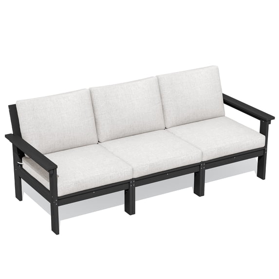 SERWALL HDPE Patio Sofa Set, 3-piece Sectional Outdoor Furniture Set, All Weather Outdoor Couch Set, Black Frame with Khaki Cushion