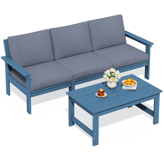 SERWALL HDPE Patio Sofa Set, 3-piece Sectional Outdoor Furniture Set, All Weather Outdoor Couch Set, Blue Frame with Grey Cushion