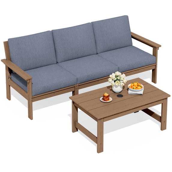 SERWALL HDPE Patio Sofa Set, 3-piece Sectional Outdoor Furniture Set, All Weather Outdoor Couch Set, Brown Frame with Grey Cushion