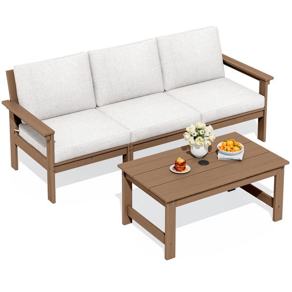 SERWALL HDPE Patio Sofa Set, 3-piece Sectional Outdoor Furniture Set, All Weather Outdoor Couch Set, Brown Frame with Khaki Cushion