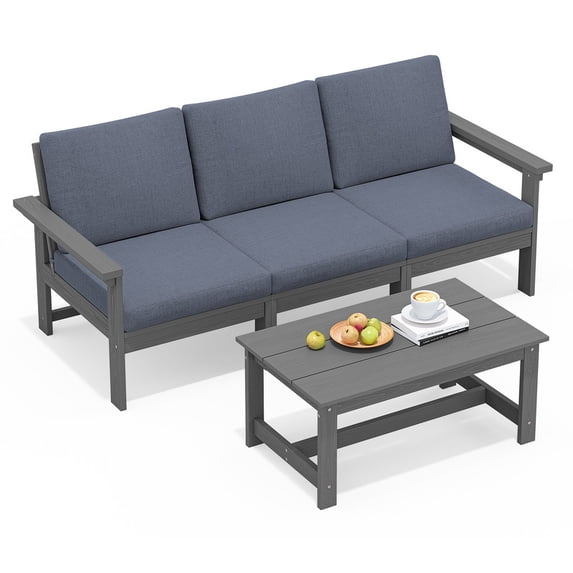 SERWALL HDPE Patio Sofa Set, 3-piece Sectional Outdoor Furniture Set, All Weather Outdoor Couch Set, Gray Frame with Grey Cushion