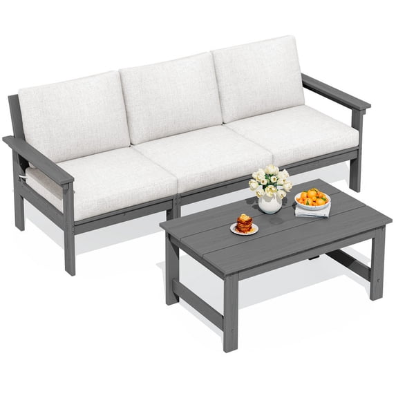 SERWALL HDPE Patio Sofa Set, 3-piece Sectional Outdoor Furniture Set, All Weather Outdoor Couch Set, Gray Frame with Khaki Cushion