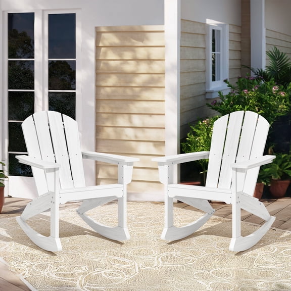 SERWALL HDPE Rocking Adirondack Chair Set of 2, Outdoor Rocking Chairs Set, All Weather Porch Rocker for Patio, Backyard, Garden, White