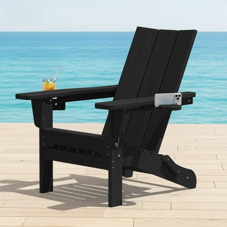 SERWALL Folding Adirondack Chair with 2 Cup Holders & Phone Slot, All-Weather Outdoor HDPE Patio Chair, Foldable Lawn Deck Chair, Black