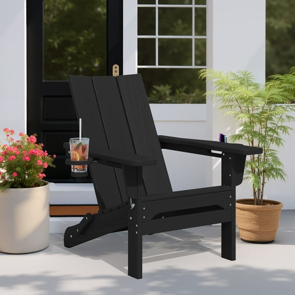 SERWALL Folding Adirondack Chair with Cup Holders & Phone Holder, All-Weather Outdoor HDPE Patio Chair, Black