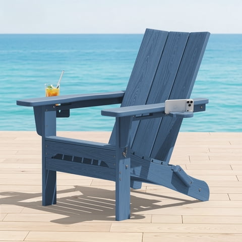 SERWALL Folding Adirondack Chair with 2 Cup Holders & Phone Slot, All-Weather Outdoor HDPE Patio Chair, Foldable Lawn Deck Chair, Blue