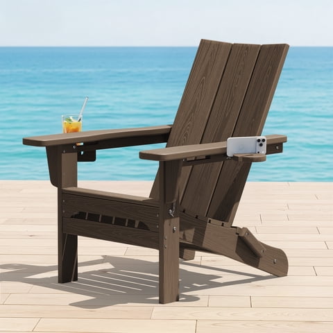 SERWALL Folding Adirondack Chair with 2 Cup Holders & Phone Slot, All-Weather Outdoor HDPE Patio Chair, Foldable Lawn Deck Chair, Brown