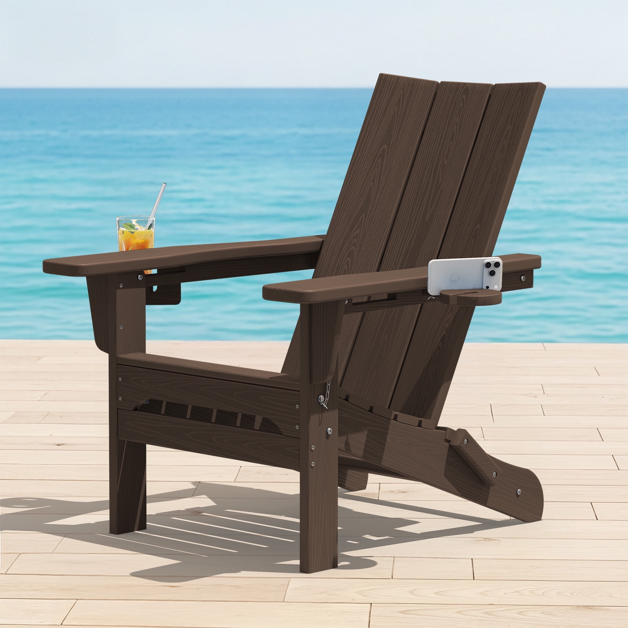 SERWALL Folding Adirondack Chair with 2 Cup Holders & Phone Slot, All-Weather Outdoor HDPE Patio Chair, Foldable Lawn Deck Chair, Dark Brown